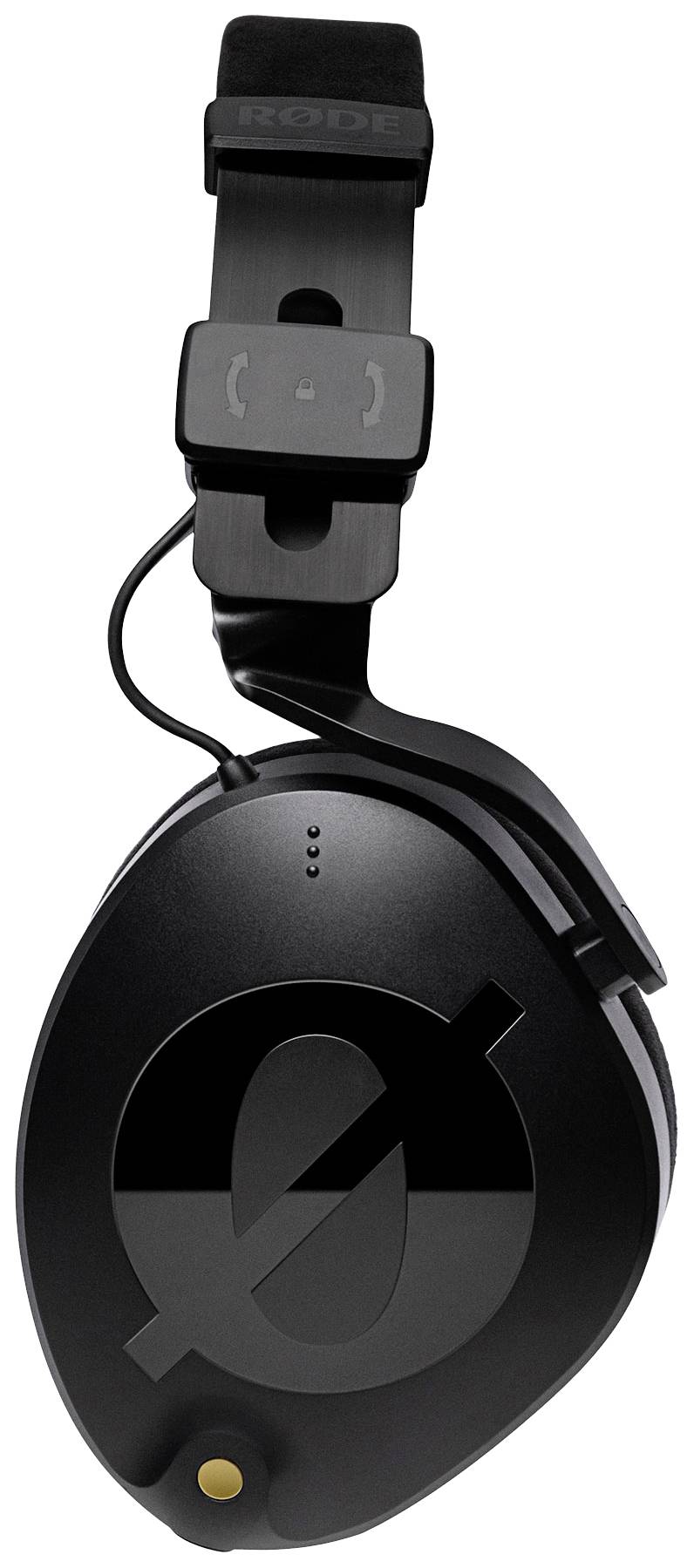 Black over-ear headphones, shown from the side, with an adjustable headband and cable connection at the top.