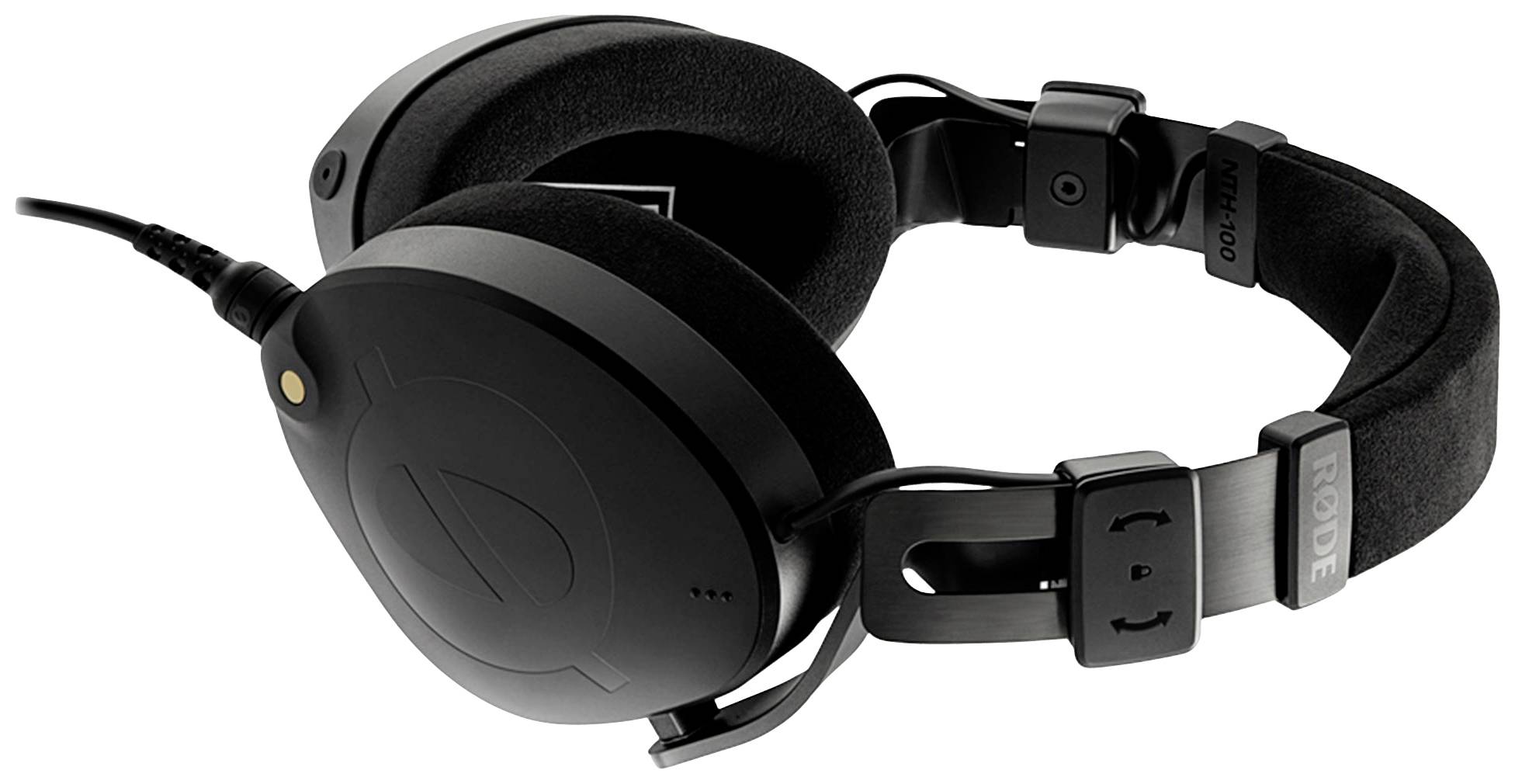 Black, padded over-ear headphones with cable. Cable attached to left earpiece. Suitable for professional audio use.