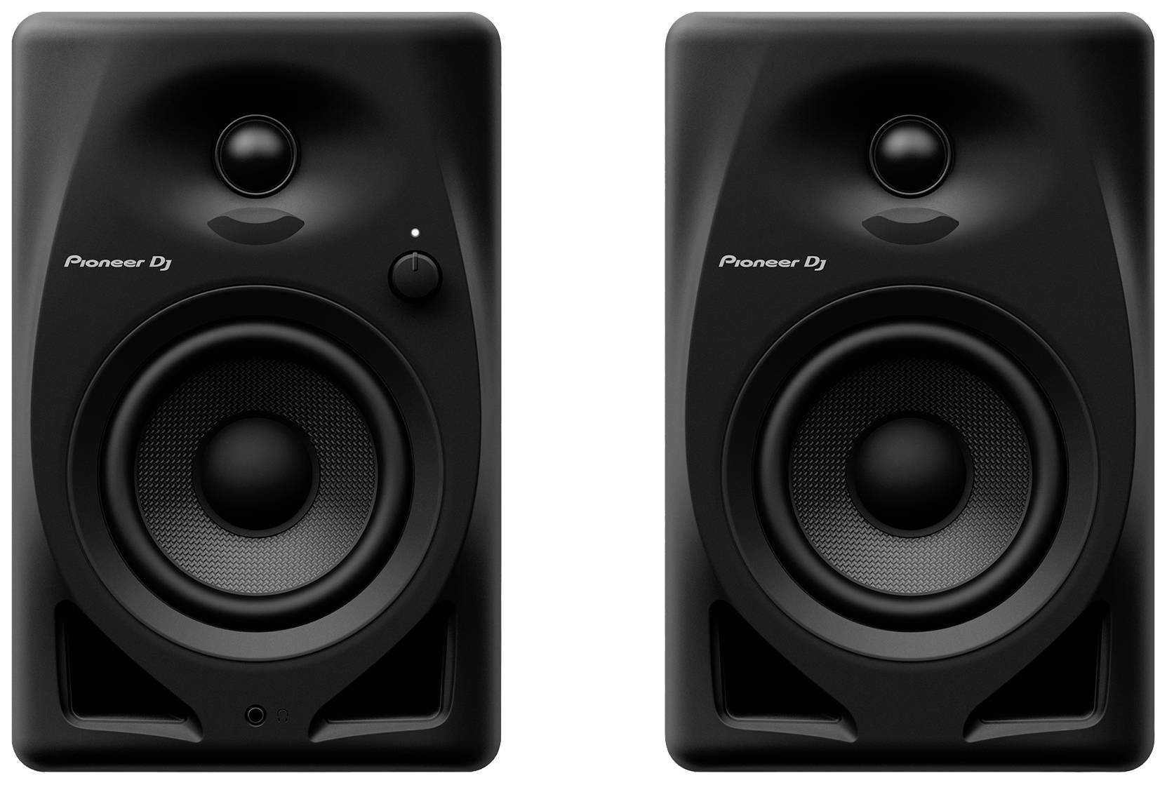 Two black speakers with a distinctive design. Both speakers have a volume control and are suitable for DJ use.