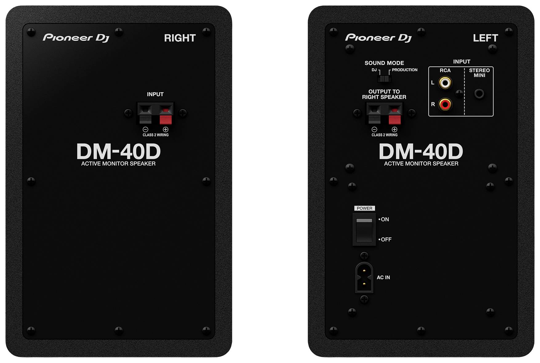 Back of two speakers, "DM-40D", marked left and right. Left: RCA and stereo mini inputs. Right: Connection to left speaker.