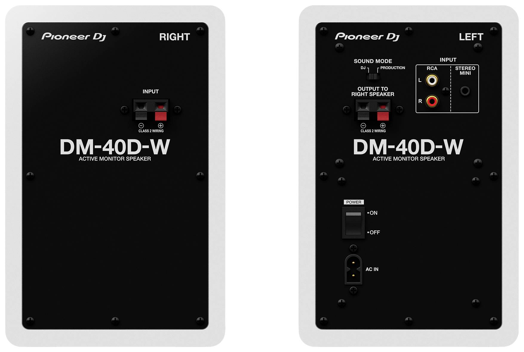 Rear view of two Pioneer DJ DM-40D-W active monitor speakers with connections for RCA, stereo mini-jack and speaker cables.