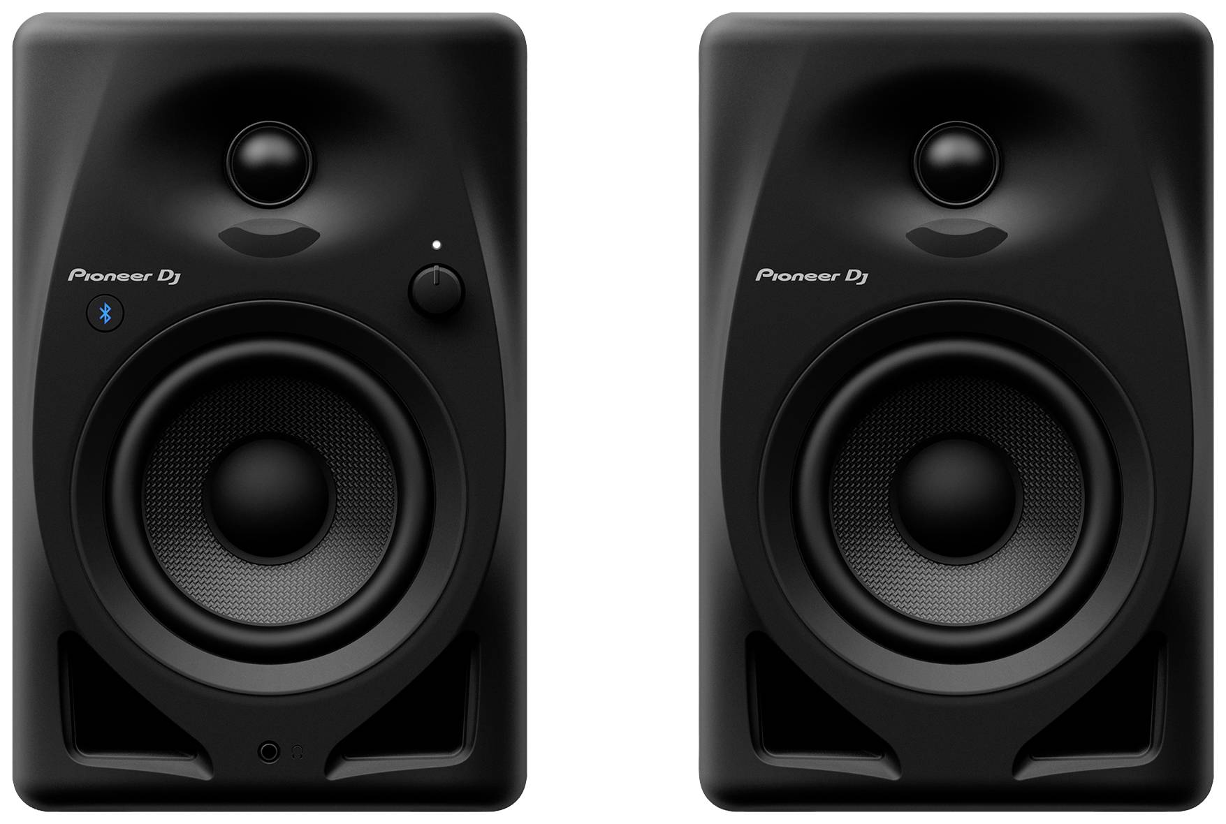 Two black Pioneer DJ speakers with a minimalist design. They each feature a large and a small speaker.
