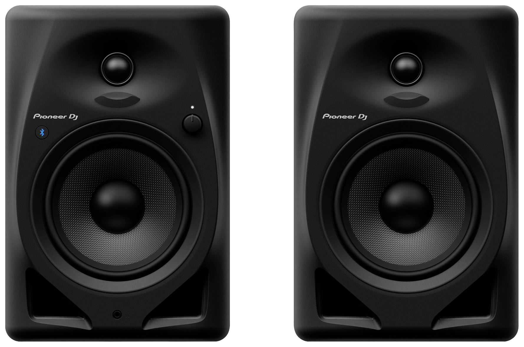 Two black speakers, arranged side by side, with more prominent mid-range and high-frequency drivers.