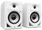 Two white speakers with visible membranes and control elements on the front, suitable for DJ use.