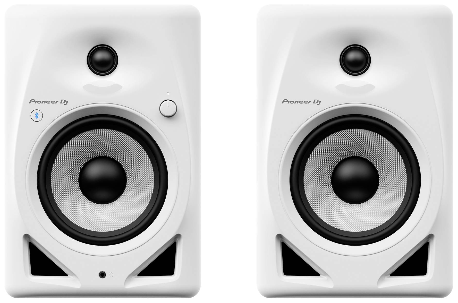 Two white loudspeakers with brand logo, central woofer and high-mounted tweeter.