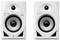 Two white loudspeakers with brand logo, central woofer and high-mounted tweeter.