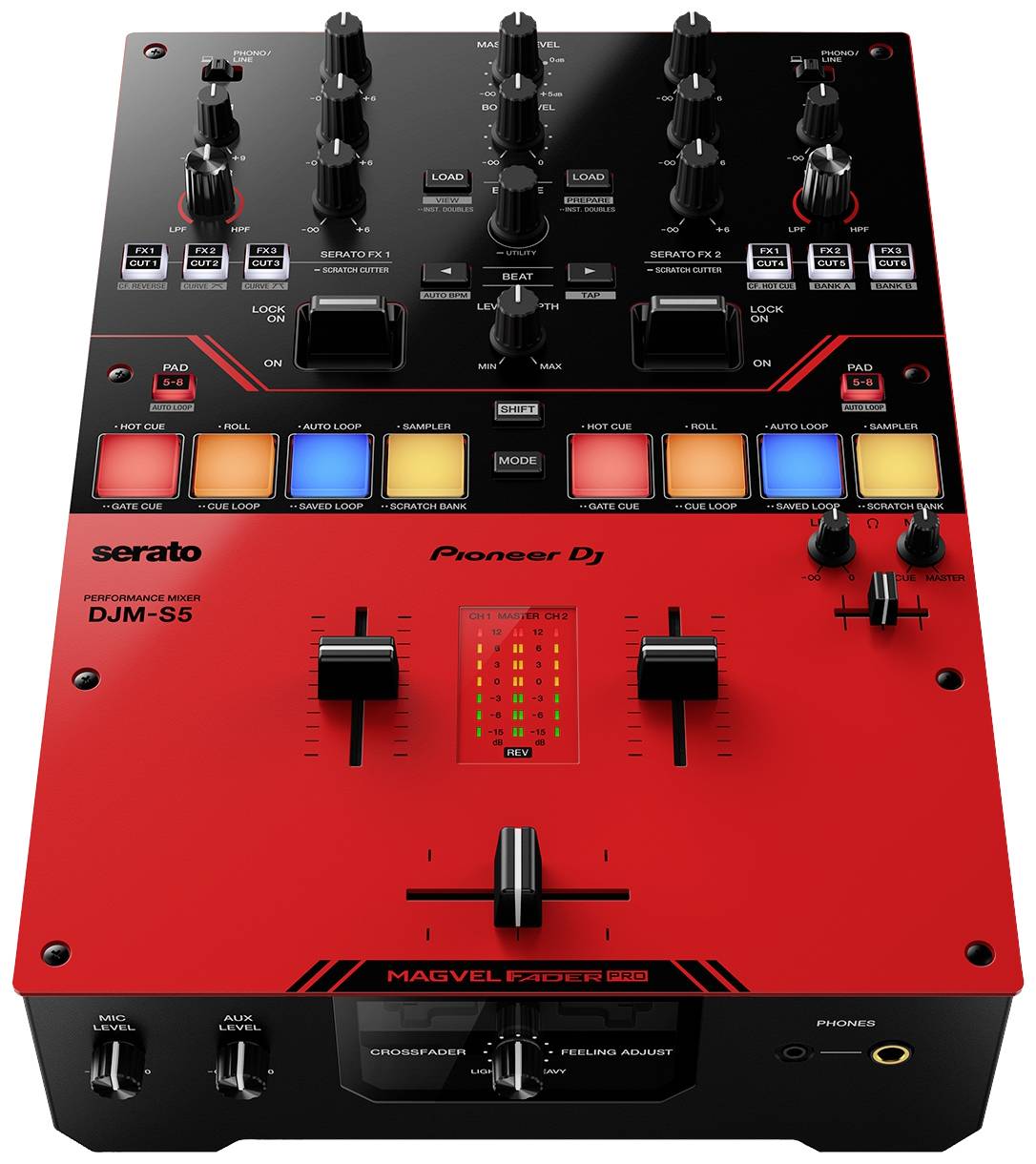 A red and black Pioneer DJ mixing desk with various controls, buttons, and a digital display in the centre.