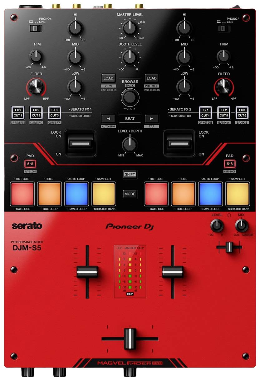 'Red Pioneer DJ DJM-S5 Mixer with multiple faders and buttons, suitable for DJ performances, compatible with Serato DJ software.'