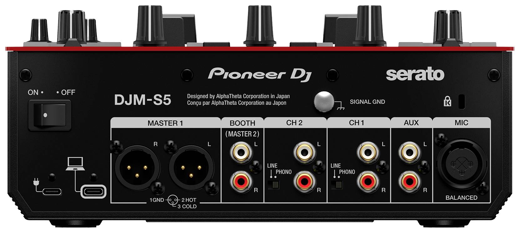 'Rear view of a DJ mixing desk with multiple audio inputs and outputs, including Master 1/2, Booth, CH1/2 and microphone connections.'