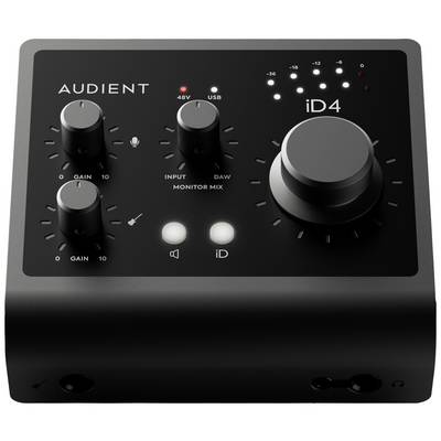 Audio interface with the brand name 'Audient iD4', featuring multiple rotary controls and buttons for controlling input, monitor mix, and volume.