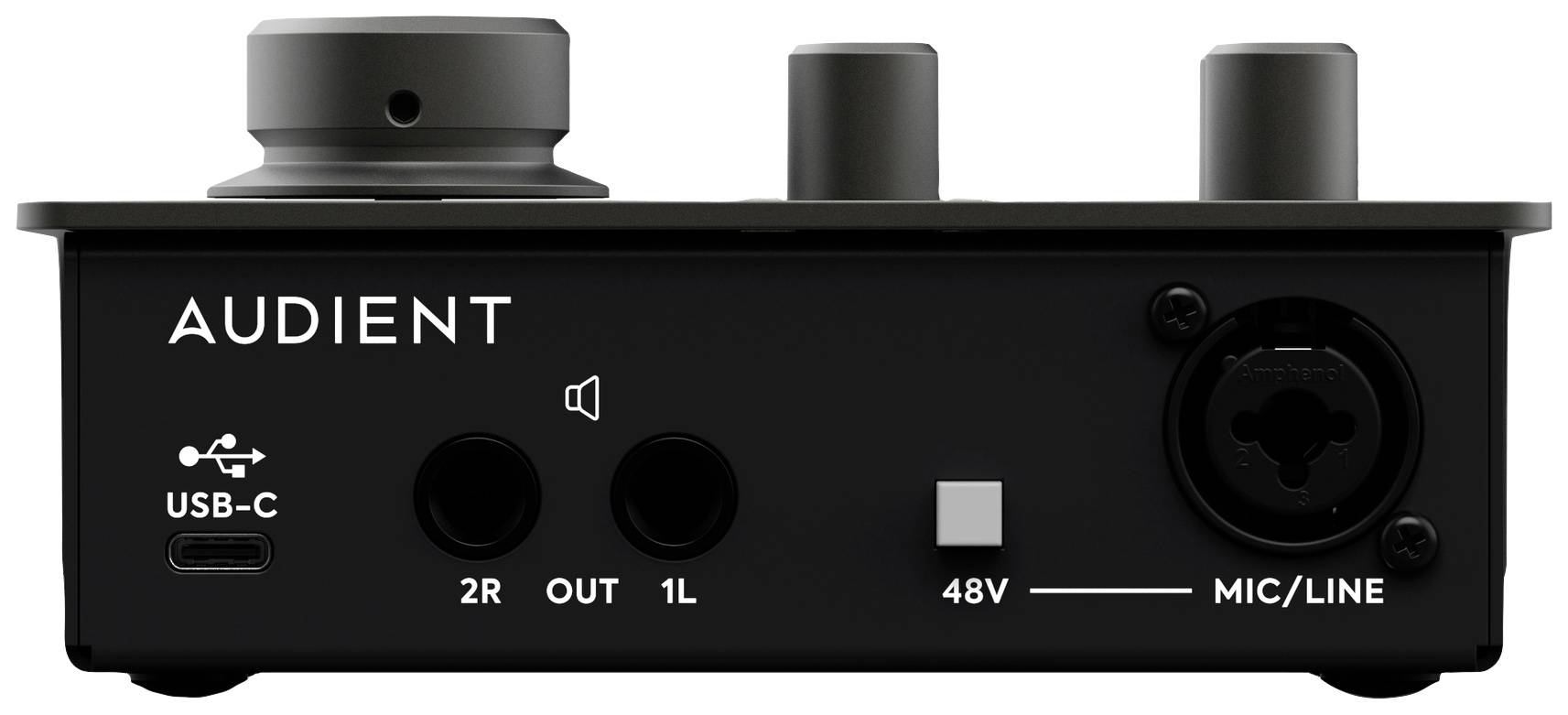 Front view of an audio interface with USB-C connection, volume control, two headphone sockets, 48V switch, and microphone/line input.