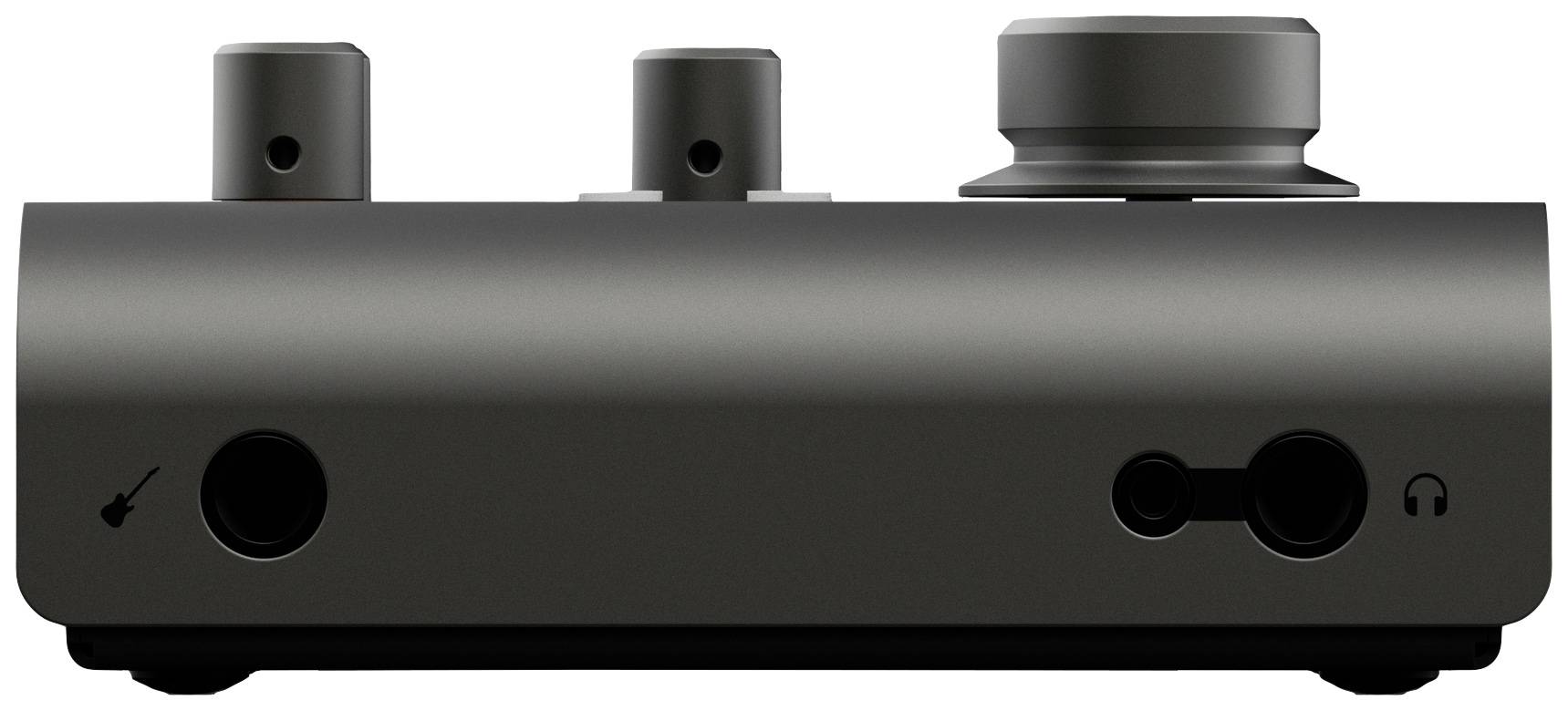 An audio interface with three controls on the top surface and sockets for guitar and headphones on the front panel.