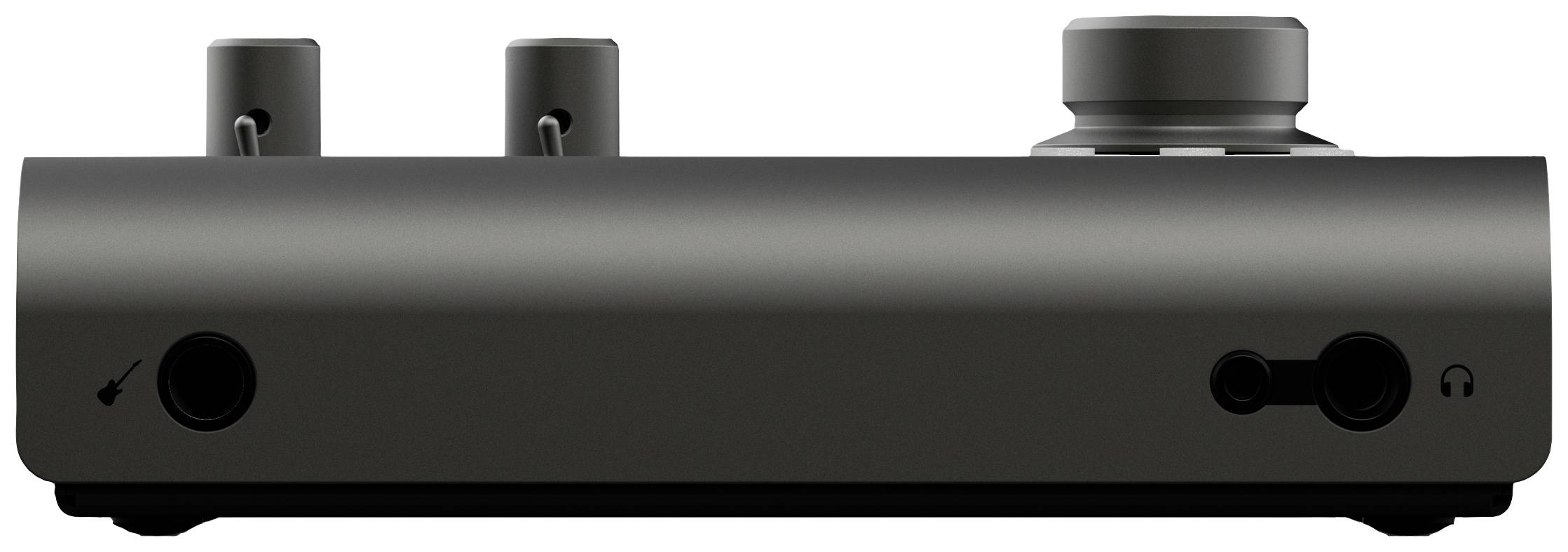 Front panel of an audio amplifier with a large volume control and multiple headphone input and output sockets.