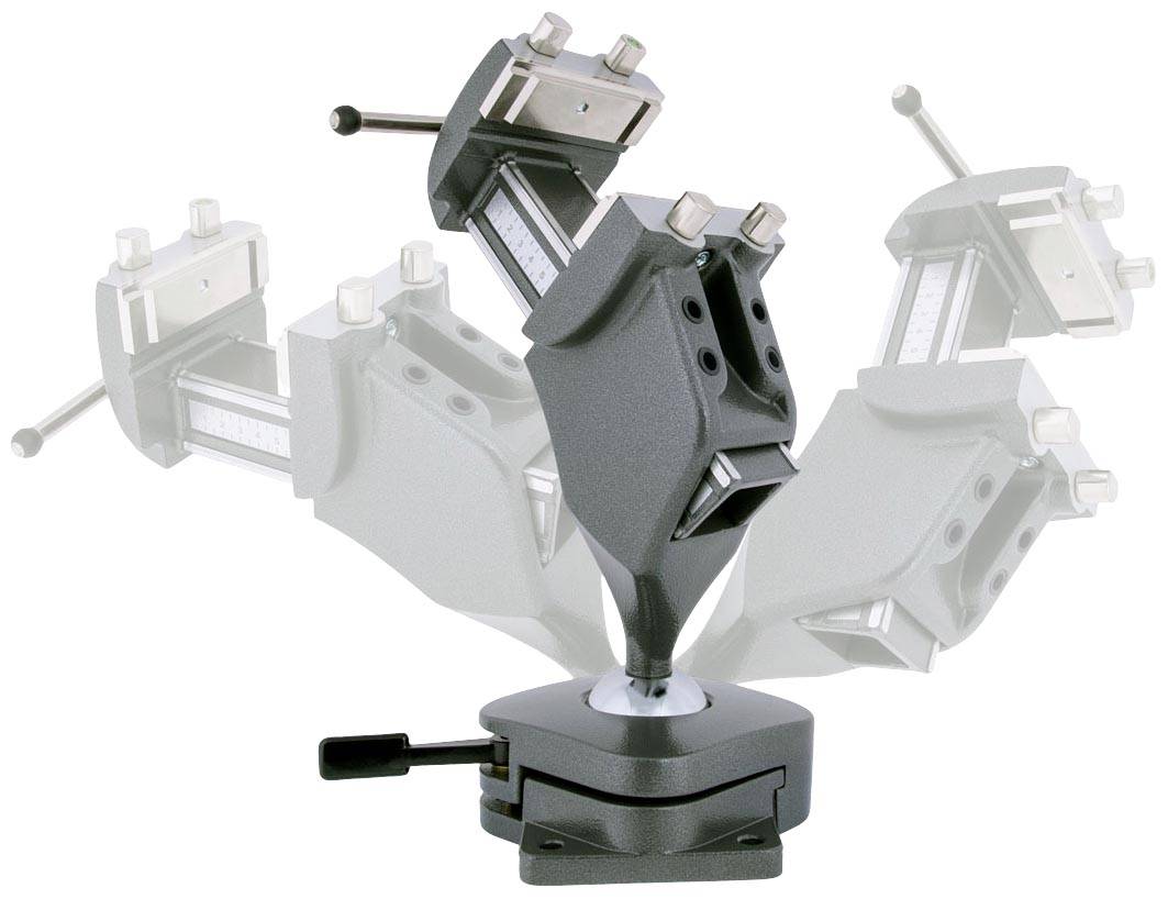 A multifunctional vice with adjustable mounting, shown in multiple positions for flexible use in workshops.