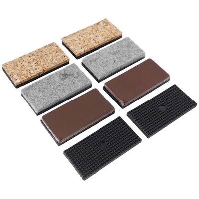 Square furniture coasters in various materials and colours, arranged in two rows. Used to protect flooring.