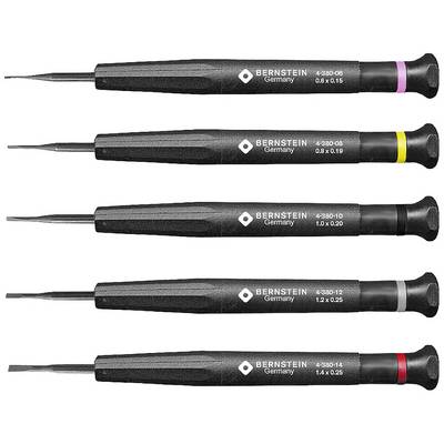 Five precision screwdrivers in various sizes with colour-coded handles. Each size is marked on the handle.