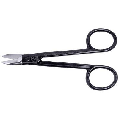 Black scissors with curved tips and two finger rings, suitable for precise cutting.