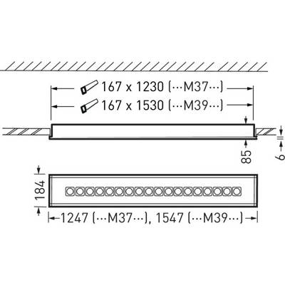 Technical drawing of a rectangular ventilation element with dimensions 167 x 1230 to 167 x 1530 mm. Displays dimensions and drill holes.
