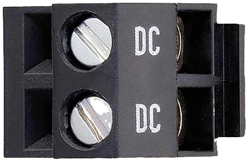 Two-pole DC connection plug with visible screw terminals, for securing and connecting electrical cables.