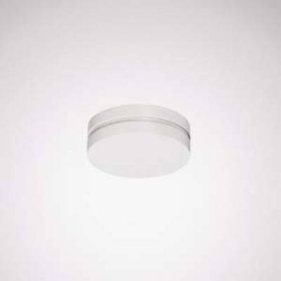 A round, white ceiling light in a minimalist design, positioned centrally in the image.