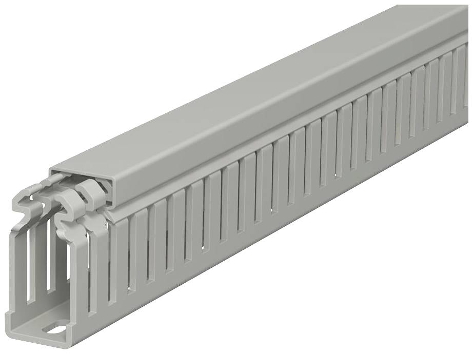 Grey cable trunking profile with side slots for cable management, made of plastic, side view.