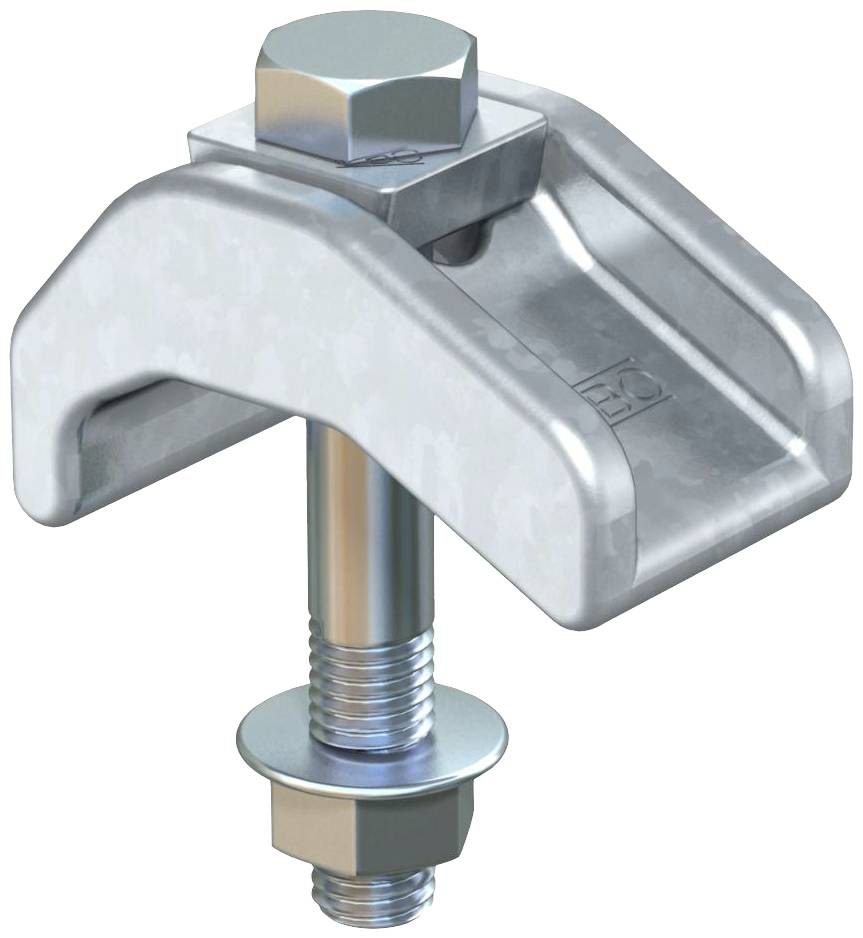 Metal clamping system with bolt and nut, used for secure fastening of materials or structures in construction and industry.
