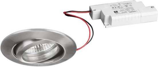 Silver, round ceiling spotlight with two connected power cables. The spotlight is connected to a white, rectangular transformer.