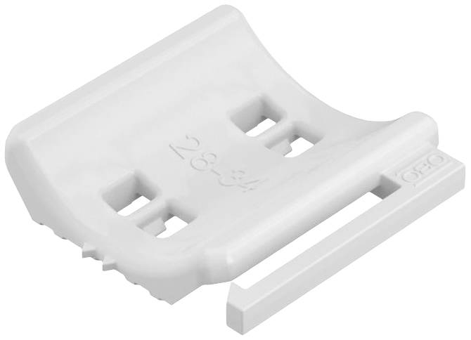 A white plastic component with rectangular cut-outs and raised numbers '28-34'. On the left, teeth and an elongated strut are visible.