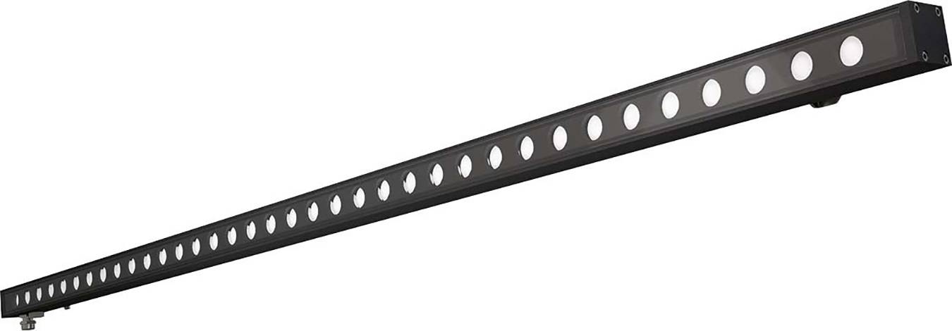 Long, black metal light with circular illumination elements along the strip; designed for illuminating larger areas.