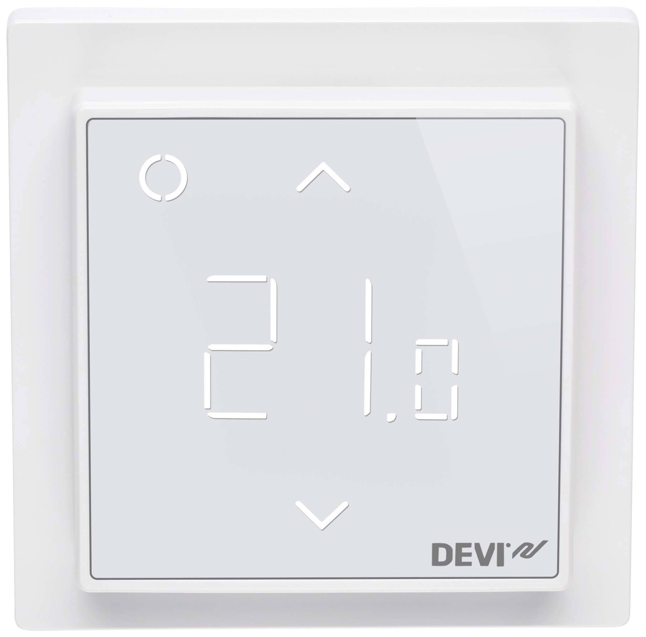 A white thermostat on the wall displays '21.0' degrees Celsius. Arrow buttons for temperature adjustment are visible at the top and bottom.