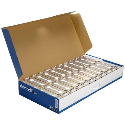 Open packaging with several batteries arranged in a row. The packaging is blue and labelled with 'devicell DRY'.
