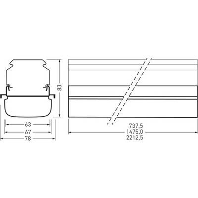Diagram shows technical drawing of a metal profile connection with precise measurements in millimetres: 63, 67, 78, 83, 737.5, 1,475.0, and 2,212.5.