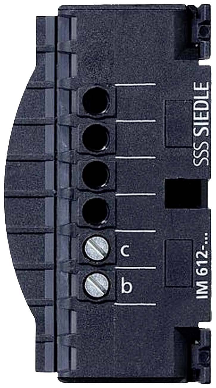 A black electronic module with the inscription 'SSS Siedle IM 612'. Visible screw terminals labelled 'c' and 'b'.