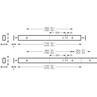 Technical drawing of two beams with dimensional specifications and markings. Beam width: 84 mm, beam height: 45 mm.