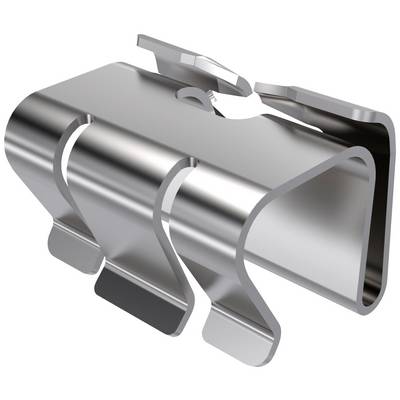 Metal clip in C-shape with a smooth surface, consisting of three curved parts, which may potentially be used for fastening.