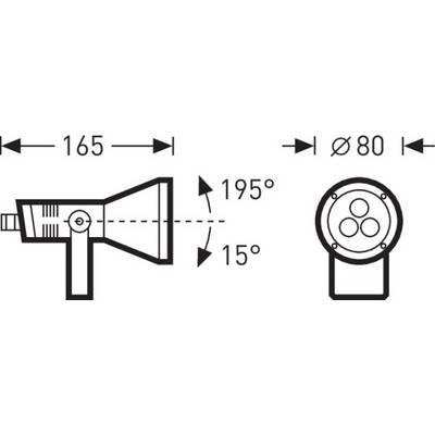 Diagram of a radiator with dimensions: length 165 mm, diameter 80 mm. Pivoting range from 15° to 195°. Front view shows three lenses.