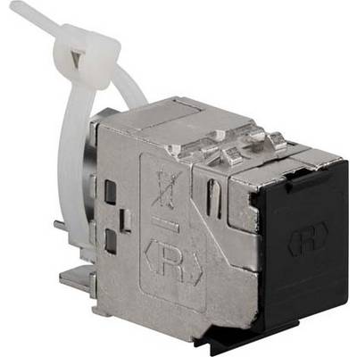 Metallic connector socket with a black locking mechanism, secured by a white cable tie on the left side.