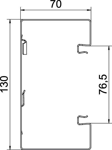 Technical drawing of a rectangular profile with dimensions: width 70 mm, height 130 mm, indentation 76.5 mm from the right.