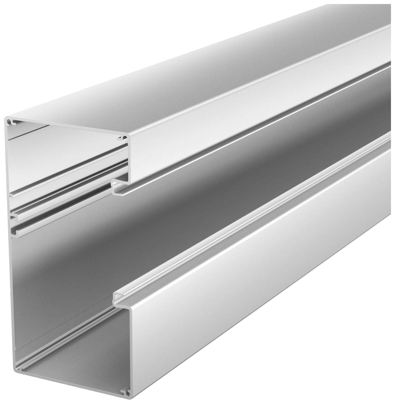 A silver aluminium profile with a C-shaped cross-section, used in construction or as a rail for mounting elements.