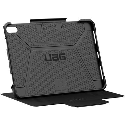 Black protective case for a tablet, with a structured design and the inscription 'UAG' on the back, is standing open on a table.