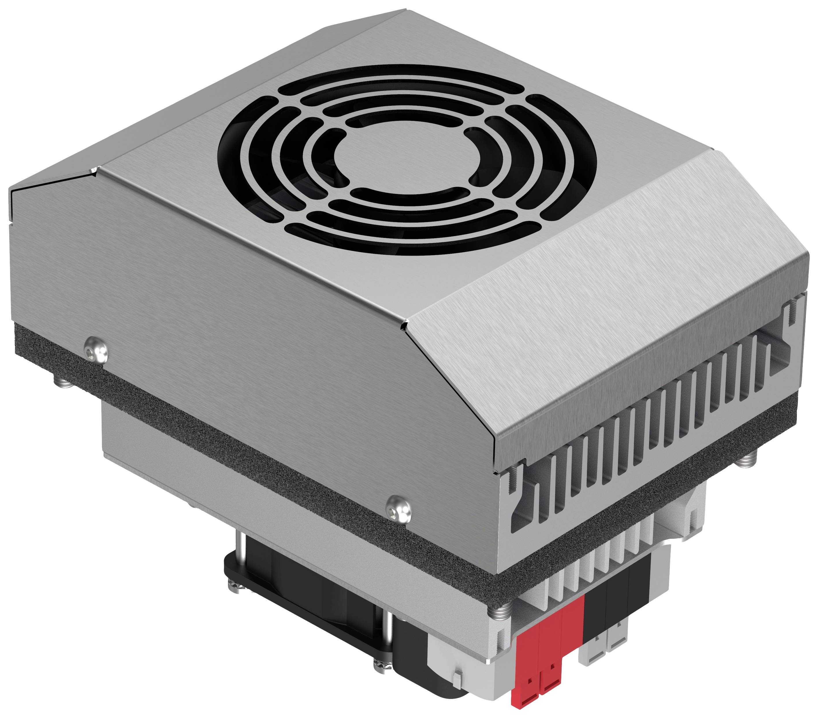 Metal fan with protective cover and ventilation slots, used for cooling electronic devices.
