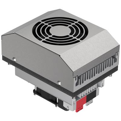 Metal fan with protective cover and ventilation slots, used for cooling electronic devices.