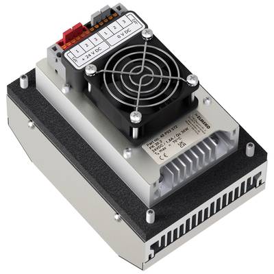 Industrial electronic device with a fan and labelling of connections: '+12V DC' and '0V DC'. Manufactured by ElmaKO.