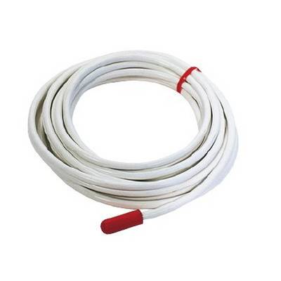 A white, coiled hose with a red end, lying flat on a surface.