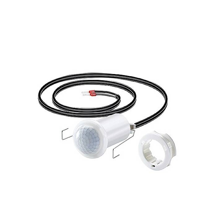 A white motion sensor with cable and mounting ring, suitable for ceiling installation.