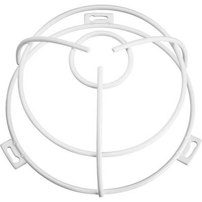 A white, round metal grid guard for a fan, consisting of concentric circles and radial struts.