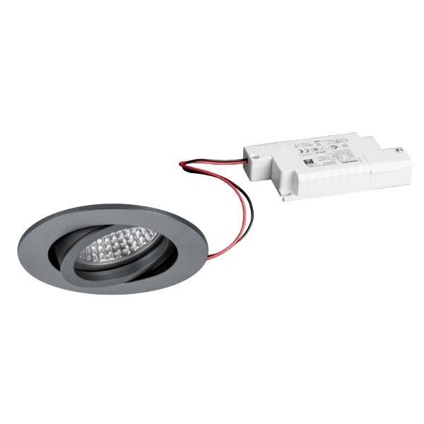 Grey LED recessed ceiling light with a round frame, connected to a white transformer. Suitable for modern interior lighting.