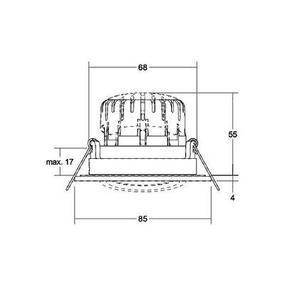 Technical drawing of a round recessed downlight with the following dimensions: diameter 85mm, height 55mm, maximum installation depth 17mm.