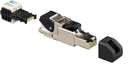 A modern Ethernet plug with a metal casing and locking lever, suitable for network cable connections in industrial applications.