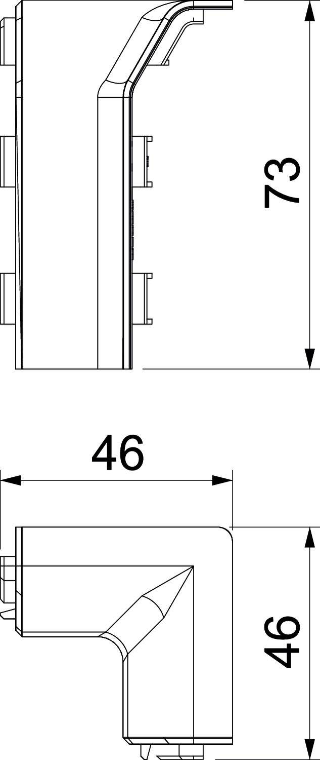 Technical drawing of a housing, showing side view with two dimensions: height 73 mm and depth 46 mm. Top and bottom with identical depth.